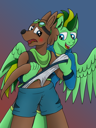 Size: 3024x4032 | Tagged: safe, artist:tacomytaco, imported from derpibooru, oc, oc only, oc:taco.m.tacoson, oc:ziggy, anthro, otter, pegasus, pony, blushing, briefs, clothes, fetish, goggles, gradient background, hand, hoodie, hug, male, pain, shorts, spread wings, underwear, wedgie, wedgie fetish, wings