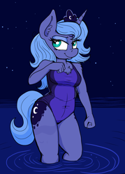 Size: 2550x3555 | Tagged: safe, artist:paskanaakka, derpibooru exclusive, imported from derpibooru, princess luna, alicorn, anthro, chest fluff, cleavage fluff, clothes, female, legs in the water, mare, night, one-piece swimsuit, s1 luna, solo, stars, swimsuit, water, wingless