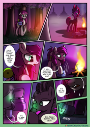 Size: 2480x3508 | Tagged: safe, artist:dsana, deleted from derpibooru, imported from derpibooru, fizzlepop berrytwist, tempest shadow, oc, oc:thistledown, earth pony, pony, unicorn, comic:a storm's lullaby, broken horn, campfire, comic, horn, spiked drink