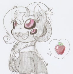 Size: 682x691 | Tagged: safe, artist:ravenpuff, imported from derpibooru, oc, oc:witchcraft, demon, demon pony, original species, pony, apple, blouse, cute, fangs, female, food, four eyes, horns, multiple eyes, sharp teeth, solo, speech bubble, teeth, traditional art