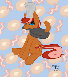 Size: 885x1000 | Tagged: safe, artist:torishimaeve, imported from derpibooru, oc, oc only, oc:bacon pancakes, earth pony, pony, bacon, butter, chef, chef's hat, food, frying pan, hat, implied ponies eating meat, male, meat, mouth hold, pan, pancakes, sitting, solo, stallion