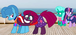 Size: 2340x1080 | Tagged: safe, artist:徐詩珮, imported from derpibooru, fizzlepop berrytwist, glitter drops, spring rain, tempest shadow, twilight sparkle, alicorn, unicorn, series:sprglitemplight diary, series:sprglitemplight life jacket days, series:springshadowdrops diary, series:springshadowdrops life jacket days, alternate universe, bisexual, broken horn, butthug, clothes, cute, equestria girls outfit, female, glitterbetes, glitterlight, glittershadow, horn, hug, lesbian, lifeguard, lifeguard spring rain, paw patrol, polyamory, shipping, sprglitemplight, spring rain is not amused, springbetes, springdrops, springlight, springshadow, springshadowdrops, swimsuit, tempestbetes, tempestlight, twilight sparkle (alicorn), unamused