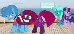 Size: 2340x1080 | Tagged: safe, artist:徐詩珮, imported from derpibooru, fizzlepop berrytwist, glitter drops, spring rain, tempest shadow, twilight sparkle, alicorn, unicorn, series:sprglitemplight diary, series:sprglitemplight life jacket days, series:springshadowdrops diary, series:springshadowdrops life jacket days, alternate universe, bisexual, broken horn, butthug, clothes, cute, dialogue, equestria girls outfit, female, glitterbetes, glitterlight, glittershadow, horn, hug, lesbian, lifeguard, lifeguard spring rain, paw patrol, polyamory, shipping, sprglitemplight, spring rain is not amused, springbetes, springdrops, springlight, springshadow, springshadowdrops, swimsuit, tempestbetes, tempestlight, twilight sparkle (alicorn), unamused, vulgar