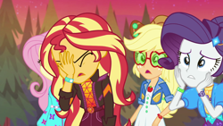 Size: 1920x1080 | Tagged: safe, imported from derpibooru, screencap, applejack, fluttershy, rarity, sunset shimmer, equestria girls, equestria girls series, sunset's backstage pass!, spoiler:eqg series (season 2), facepalm, female, geode of empathy, geode of shielding, geode of super strength, magical geodes, music festival outfit