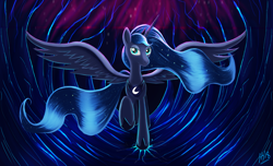 Size: 3143x1908 | Tagged: safe, artist:jphyperx, imported from derpibooru, princess luna, alicorn, pony, abstract background, crown, ethereal mane, female, hoof shoes, jewelry, peytral, regalia, solo, starry mane