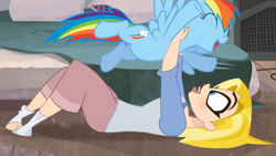 Size: 1920x1080 | Tagged: artist needed, source needed, safe, edit, edited screencap, imported from derpibooru, screencap, rainbow dash, pony, pinkie pride, crossover, cute, dashabetes, dc superhero girls, holding a pony, kara danvers, supergirl