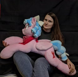 Size: 2417x2392 | Tagged: safe, artist:burgunzik, imported from derpibooru, cozy glow, human, pegasus, pony, irl, irl human, photo, plushie