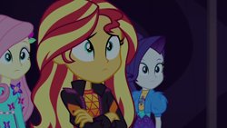 Size: 1920x1080 | Tagged: safe, imported from derpibooru, screencap, fluttershy, rarity, sunset shimmer, equestria girls, equestria girls series, sunset's backstage pass!, spoiler:eqg series (season 2), female, music festival outfit