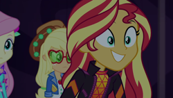 Size: 1920x1080 | Tagged: safe, imported from derpibooru, screencap, applejack, fluttershy, sunset shimmer, equestria girls, equestria girls series, sunset's backstage pass!, spoiler:eqg series (season 2), female, music festival outfit