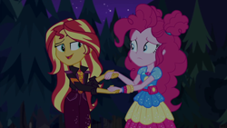 Size: 1920x1080 | Tagged: safe, imported from derpibooru, screencap, pinkie pie, sunset shimmer, equestria girls, equestria girls series, sunset's backstage pass!, spoiler:eqg series (season 2), female, geode of empathy, geode of sugar bombs, magical geodes, music festival outfit