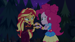 Size: 1920x1080 | Tagged: safe, imported from derpibooru, screencap, pinkie pie, sunset shimmer, equestria girls, equestria girls series, sunset's backstage pass!, spoiler:eqg series (season 2), female, music festival outfit