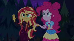 Size: 1920x1080 | Tagged: safe, imported from derpibooru, screencap, pinkie pie, sunset shimmer, equestria girls, equestria girls series, sunset's backstage pass!, spoiler:eqg series (season 2), female, geode of empathy, geode of sugar bombs, magical geodes, music festival outfit