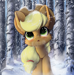 Size: 1848x1876 | Tagged: safe, artist:hitbass, imported from derpibooru, applejack, earth pony, pony, cheek fluff, chest fluff, cute, ear fluff, female, forest, hat, jackabetes, mare, open mouth, scenery, snow, snowfall, solo, tree, winter