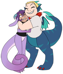 Size: 2375x2782 | Tagged: safe, artist:/d/non, imported from derpibooru, oc, oc only, oc:grill, oc:pierce, dragon, satyr, hug, parent:prominence, parent:thod, simple background, transparent background