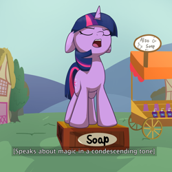 Size: 4096x4096 | Tagged: safe, artist:wenni, imported from derpibooru, twilight sparkle, pony, unicorn, series:pony re-watch, feeling pinkie keen, closed captioning, condescending, eyes closed, female, floppy ears, literal soapbox, mare, open mouth, scene interpretation, soap, soapbox, solo, speech, unicorn twilight