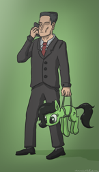 Size: 743x1280 | Tagged: dead source, safe, artist:kozachokzrotom, imported from derpibooru, oc, oc:filly anon, earth pony, human, pony, carrying, case, female, filly, harness, tack