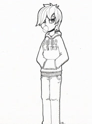 Size: 1504x2030 | Tagged: artist needed, safe, imported from derpibooru, oc, oc only, oc:dorm pony, human, bubblegum, clothes, door, food, gum, hand in pocket, hands in pockets, hoodie, humanized, monochrome, solo, text, unimpressed
