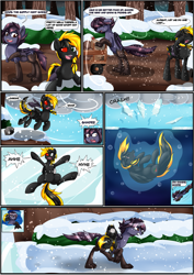 Size: 2893x4092 | Tagged: safe, artist:novaspark, imported from derpibooru, oc, oc only, oc:nyn indigo, oc:shade demonshy, bat pony, original species, timber pony, timber wolf, asphyxiation, bandage, bat wings, comic, crash, drowning, falling, ice, snow, species swap, underwater, water, wings