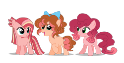 Size: 3407x1760 | Tagged: safe, artist:sky-thepony65, imported from derpibooru, oc, oc only, oc:cherry pie, oc:moca shy, oc:roll cake, earth pony, pony, blank flank, bow, female, filly, foal, freckles, hair bow, offspring, parent:cheese sandwich, parent:pinkie pie, parents:cheesepie, siblings, simple background, sisters, transparent background