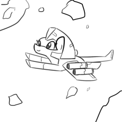 Size: 1080x1080 | Tagged: safe, artist:tjpones, imported from derpibooru, hybrid, original species, pony, spaceship ponies, asteroid, female, monochrome, simple background, spaceship, white background