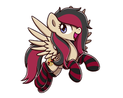 Size: 2560x2048 | Tagged: safe, artist:sugar morning, imported from derpibooru, oc, oc only, oc:carrera swiftwings, oc:porsche speedwings, pegasus, pony, blue eyes, cel shading, clothes, cute, euphoric, female, flying, happy, long hair, long mane, mare, open mouth, pegasus oc, rule 63, shading, simple background, socks, solo, spread wings, striped socks, tan coat, thigh highs, transparent background, wings, yay