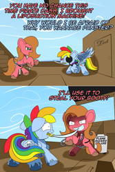 Size: 1067x1602 | Tagged: safe, artist:wadusher0, imported from derpibooru, rainbow dash, oc, oc:pun, earth pony, pegasus, pony, ask pun, ask, eyepatch, fat extraction, female, liposuction, mare, mouth hold, pirate dash, ship, sweat, sword, weapon