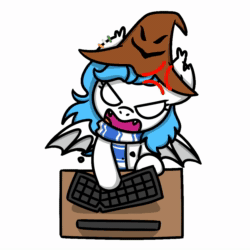 Size: 1000x1000 | Tagged: source needed, useless source url, safe, artist:sugar morning, imported from derpibooru, part of a set, oc, oc only, bat pony, pony, angry, animated, bust, clothes, commission, cross-popping veins, funny, gif, hat, keyboard, scarf, seizure warning, simple background, solo, sugar morning's angry ponies, table, transparent background, wings, ych result