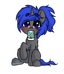 Size: 1000x1150 | Tagged: safe, artist:cottonsweets, imported from derpibooru, oc, oc only, oc:dream vezpyre, oc:dream², pony, unicorn, blushing, cute, eye clipping through hair, eyebrows, eyebrows visible through hair, g-fuel, looking at you, mouth hold, ponytail, raised hoof, simple background, sitting, solo, transparent background, video game