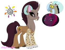 Size: 1501x1158 | Tagged: safe, artist:kittypaintyt, imported from derpibooru, discord, tempest shadow, big cat, leopard, cloven hooves, crack ship offspring, crack shipping, curved horn, draconequus hybrid, fangs, female, horn, interspecies offspring, offspring, parent:discord, parent:tempest shadow, parents:tempestcord, paws, ram horns, shipping, simple background, solo, transparent background, unshorn fetlocks