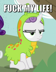 Size: 665x853 | Tagged: safe, edit, edited screencap, imported from derpibooru, screencap, sweetie belle, forever filly, animal costume, caption, clothes, costume, cropped, fml, image macro, meme, solo focus, sweetiepillar, text, unamused, vulgar