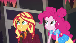 Size: 1920x1080 | Tagged: safe, imported from derpibooru, screencap, pinkie pie, sunset shimmer, equestria girls, equestria girls series, sunset's backstage pass!, spoiler:eqg series (season 2), female, music festival outfit