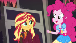 Size: 1920x1080 | Tagged: safe, imported from derpibooru, screencap, pinkie pie, sunset shimmer, equestria girls, equestria girls series, sunset's backstage pass!, spoiler:eqg series (season 2), female, geode of sugar bombs, magical geodes, music festival outfit