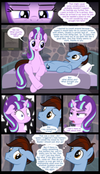 Size: 1122x1954 | Tagged: safe, artist:culu-bluebeaver, imported from derpibooru, starlight glimmer, oc, oc:bluehooves, earth pony, pony, unicorn, comic:the newcomer, the cutie map, aftersex, angry, bed, bedroom, bedroom eyes, canon x oc, comic, dialogue, female, floppy ears, glimmooves, lidded eyes, looking at each other, looking away, male, mare, pillow, s5 starlight, smiling, speech bubble, stallion, straight, thought bubble, upset