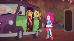 Size: 1920x1080 | Tagged: safe, imported from derpibooru, screencap, pinkie pie, sunset shimmer, equestria girls, equestria girls series, sunset's backstage pass!, spoiler:eqg series (season 2), female, geode of empathy, geode of sugar bombs, magical geodes, music festival outfit, shoes, sneakers, van