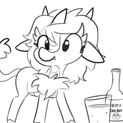 Size: 1080x1080 | Tagged: safe, artist:tjpones, imported from derpibooru, oc, oc only, oc:kirin chan, kirin, alcohol, bottle, chest fluff, cute, cute little fangs, fangs, female, floppy ears, glass, japanese, kirin beer, kirin oc, monochrome, simple background, solo, white background