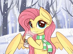 Size: 1600x1200 | Tagged: safe, artist:janelearts, imported from derpibooru, fluttershy, pegasus, pony, :3, catface, clothes, coffee, cute, female, looking at you, scarf, shyabetes, snow, snowfall, snowflake, solo, tree, winter