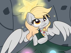 Size: 1600x1200 | Tagged: safe, artist:janelearts, imported from derpibooru, derpy hooves, pegasus, pony, a hearth's warming tail, bucktooth, christmas, christmas tree, cute, derpabetes, derpy star, female, hearth's warming tree, holiday, solo, tree