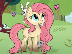 Size: 1600x1200 | Tagged: safe, artist:janelearts, imported from derpibooru, fluttershy, butterfly, earth pony, pony, rabbit, animal, cute, dirty, dirty hooves, female, flower, flower in mouth, herbivore, horses doing horse things, missing cutie mark, mouth hold, race swap, shyabetes, solo, wingless