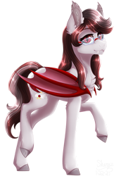 Size: 1029x1585 | Tagged: safe, artist:sharxz, imported from derpibooru, oc, oc only, oc:scarlet quill, bat pony, pony, bat pony oc, digital art, fangs, female, glasses, mare, raised hoof, signature, slit eyes, slit pupils, smiling, solo