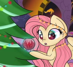 Size: 1318x1200 | Tagged: safe, artist:janelearts, imported from derpibooru, fluttershy, pegasus, pony, bauble, big eyes, christmas, christmas lights, christmas ornament, christmas tree, cute, decoration, female, holiday, open mouth, shyabetes, solo, sparkly eyes, tree