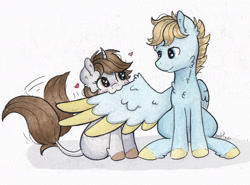 Size: 2416x1792 | Tagged: safe, artist:lightisanasshole, imported from derpibooru, oc, oc:dorm pony, oc:wild waterfall, pegasus, unicorn, :3, blonde hair, blonde mane, blue eyes, brown mane, cat face, chest fluff, colored hooves, colored wings, curved horn, duo, ear fluff, feathered wings, female, grooming, heart, heart eyes, hoof fluff, horn, love, mare, messy mane, nom, pair, pegasus oc, pegasus wings, photo, preening, shadow, shipping, sitting, spread wings, wiggle, wing fluff, wingding eyes, wings