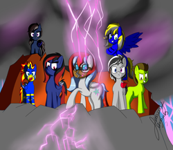 Size: 2030x1762 | Tagged: safe, artist:jimmy draws, imported from derpibooru, oc, oc only, oc:doodman, oc:john ice, oc:thunder andreos, oc:turtlemanya, bat pony, earth pony, pegasus, unicorn, angry, bat pony oc, demi-god, flying, glasses, mask, new god of thunder, thunder