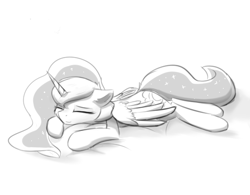 Size: 550x428 | Tagged: safe, artist:d.w.h.cn, imported from derpibooru, princess luna, alicorn, pony, cute, ethereal mane, eyes closed, female, lunabetes, mare, monochrome, prone, simple background, sleeping, solo, starry mane, wings