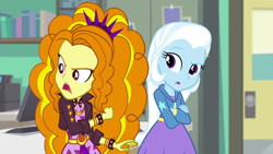 Size: 1920x1080 | Tagged: safe, artist:ktd1993, edit, edited screencap, imported from derpibooru, screencap, adagio dazzle, trixie, equestria girls, equestria girls series, forgotten friendship, sunset's backstage pass!, spoiler:eqg series (season 2), fake, faker than a three dollar bill, female, lesbian, shipping, triagio