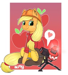 Size: 1094x1200 | Tagged: safe, artist:almond evergrow, imported from derpibooru, applejack, earth pony, pony, apple, applejack tf2, cutie mark background, engiejack, engineer, female, food, hard hat, heart, mare, meme, mini sentry, mini-sentry gun, parody, sentry, sentry gun, team fortress 2, team fortress applejack, what in tarnation