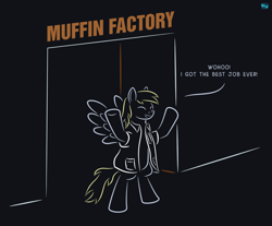 Size: 844x700 | Tagged: safe, artist:quint-t-w, imported from derpibooru, derpy hooves, pegasus, pony, bipedal, clothes, cute, derpabetes, dialogue, door, eyes closed, female, gradient background, lab coat, minimalist, modern art, old art, solo, text