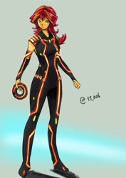 Size: 2893x4092 | Tagged: safe, artist:oberon826, imported from derpibooru, sunset shimmer, equestria girls, crossover, disc, female, high res, identity disk, looking at you, solo, suspended, tron