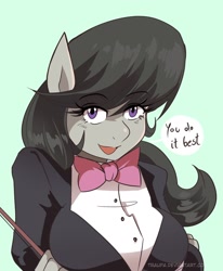 Size: 1748x2122 | Tagged: safe, artist:traupa, imported from derpibooru, octavia melody, anthro, bowtie, breasts, bust, busty octavia, busty octavia melody, dialogue, female, looking at you, solo, speech bubble, talking to viewer