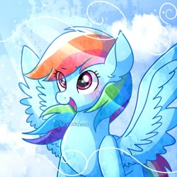 Size: 600x600 | Tagged: safe, artist:dddreamdraw, imported from derpibooru, rainbow dash, pegasus, pony, blushing, cute, dashabetes, excited, female, happy, mare, solo, spread wings, windswept mane, wings