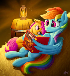 Size: 1241x1354 | Tagged: safe, artist:foxpit, artist:gouransion, imported from derpibooru, rainbow dash, scootaloo, pegasus, pony, daring do adventure collection, daring do and the marked thief of marapore, barrel, book, cuddling, cute, daring do book, duo, duo female, female, filly, floppy ears, hay, lantern, lying down, mare, night, on back, reading, scootalove, stars, wing hold